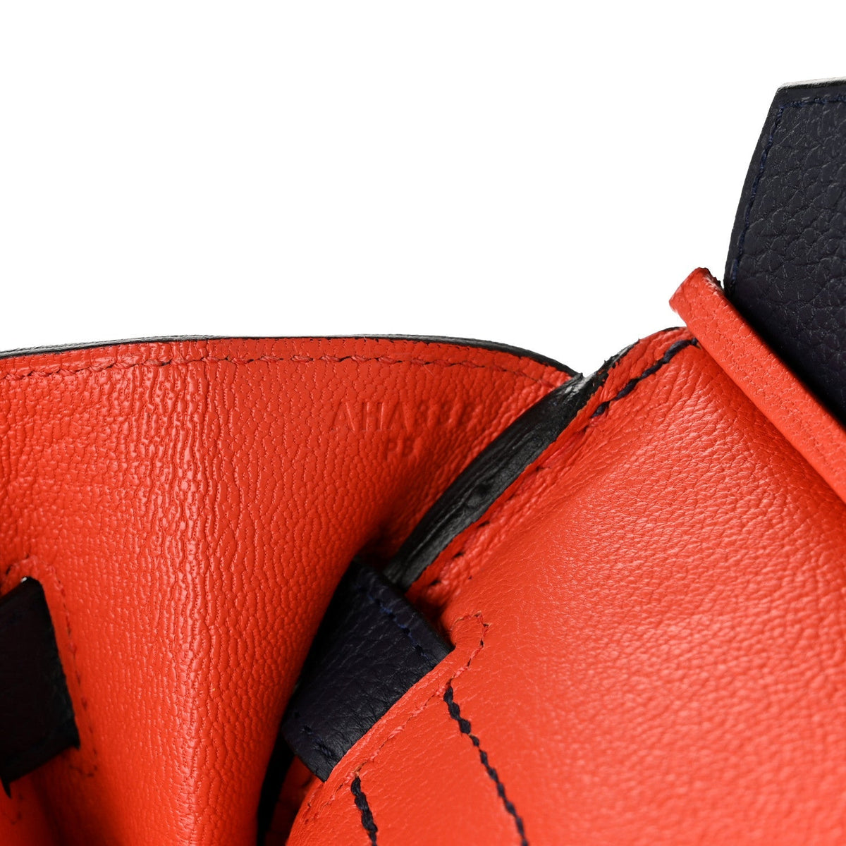 Hermes Togo Birkin Verso 30 Bleu Nuit Orange Poppy