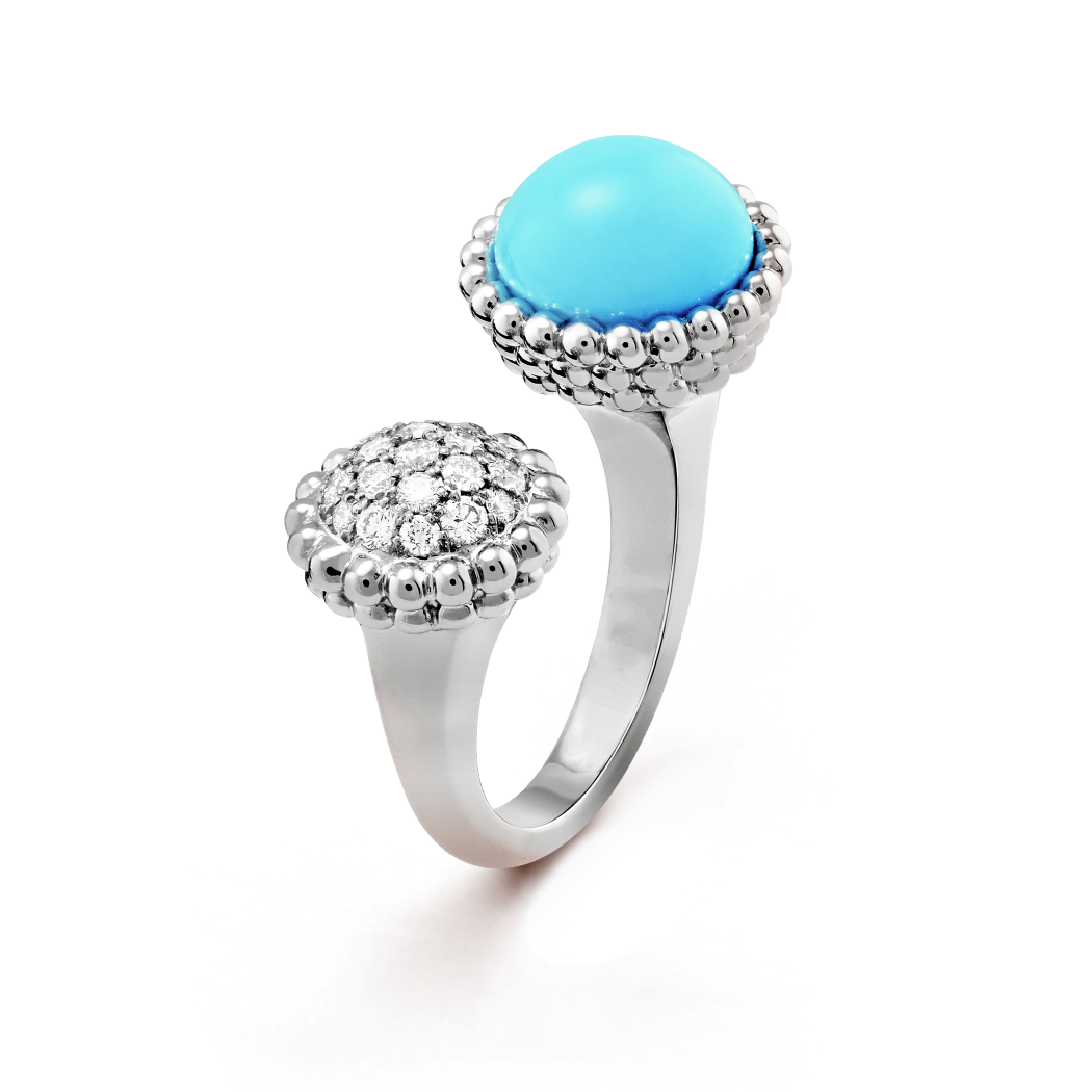 18K White Gold Turquoise VCA Perlée Couleurs Between the Finger Ring