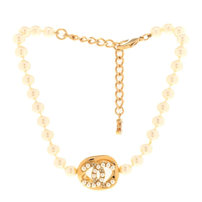 Chanel Pearl Crystal CC Logo Choker Gold White