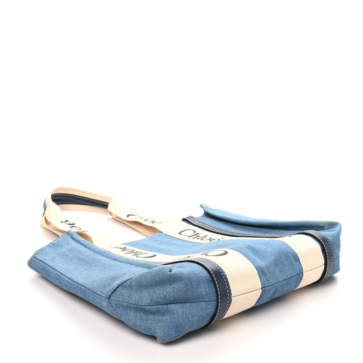 Chloe Denim Shiny Calfskin Medium Woody Ribbon Tote Navy