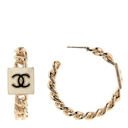 Chanel Metal Enamel CC Chain Hoop Earrings Gold Black White