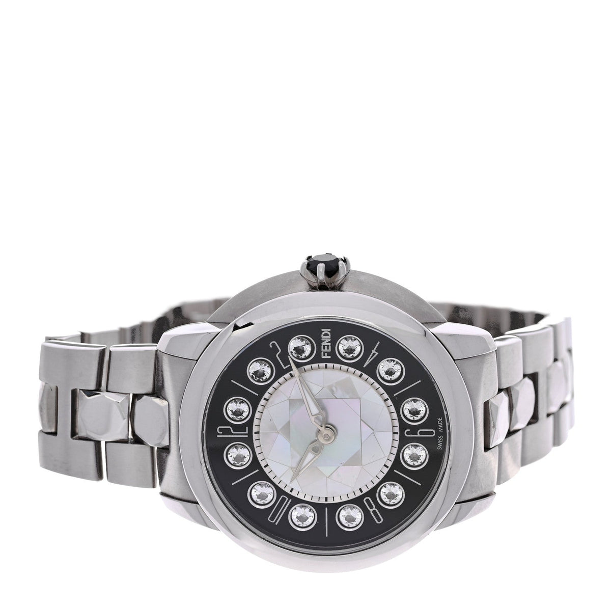 Fendi Stainless Steel Mother of Pearl Topaz Spinel 38mm Ishine Watch Black