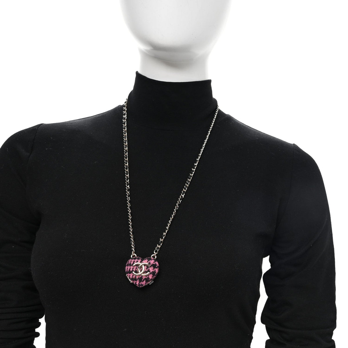 Chanel Tweed Lambskin CC Heart Locket Necklace Gold Black Pink