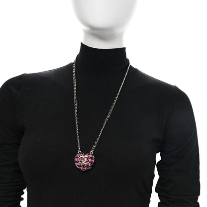 Chanel Tweed Lambskin CC Heart Locket Necklace Gold Black Pink
