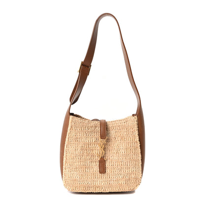 Saint Laurent Raffia Calfskin Le 5 A 7 Baby Hobo Natural Brick