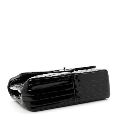 Chanel Patent Chevron Quilted Jumbo Double Flap Bag Black