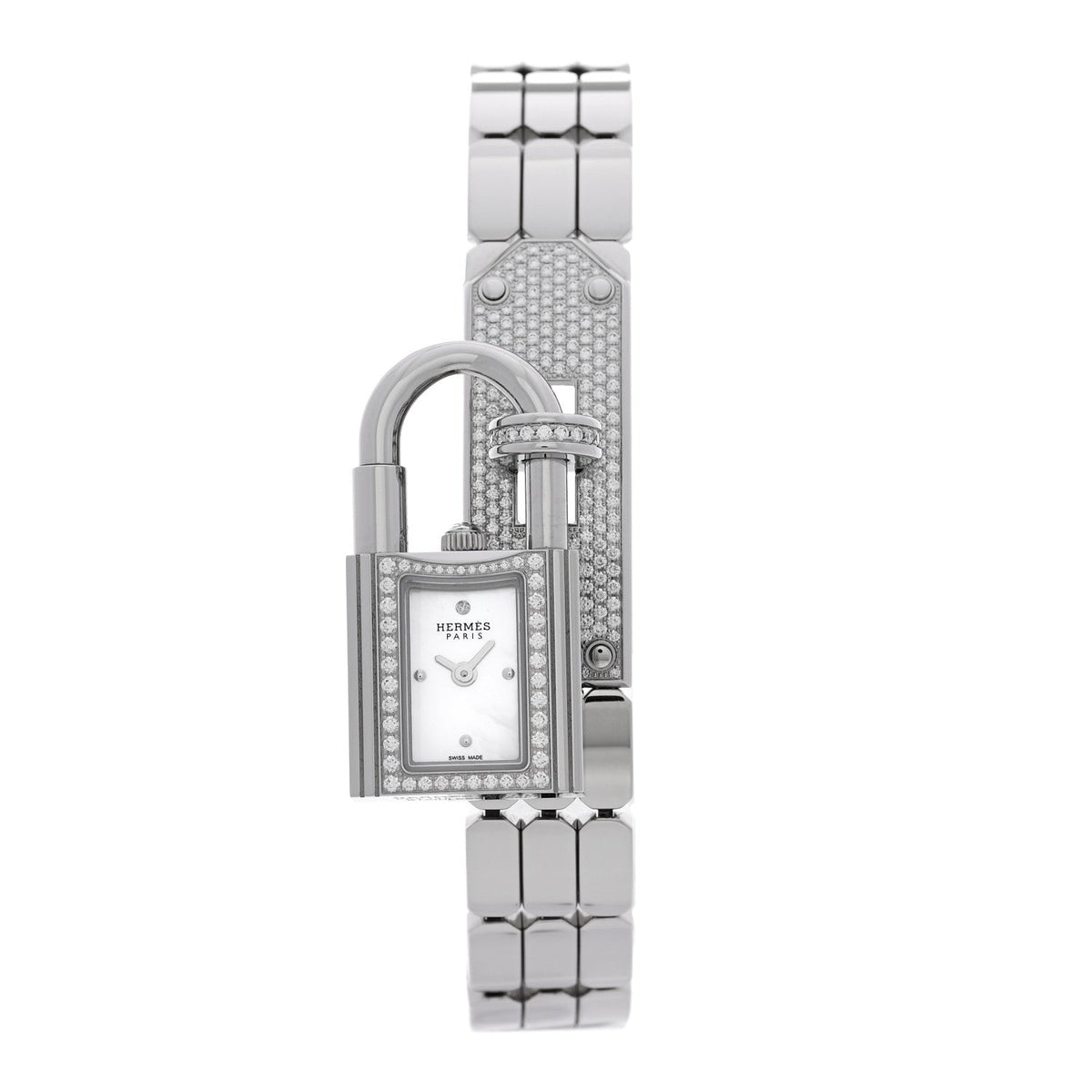 Hermes Stainless Steel Diamond Pave 16mm Kelly Watch 1937817