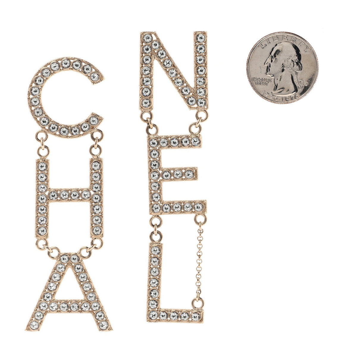 Chanel Crystal Cha-Nel Logo Drop Earrings Gold