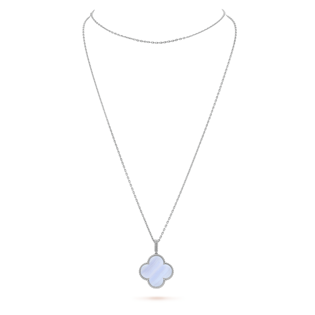 18K White Gold Chalcedony VCA Magic Alhambra Long Necklace