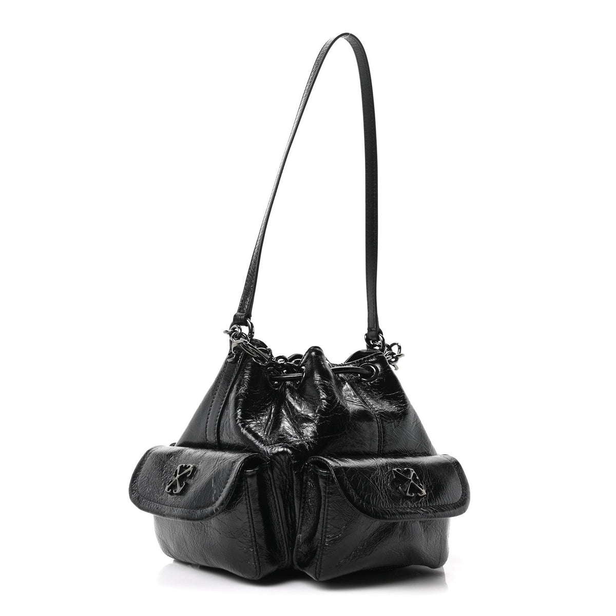 Off-White Calfskin Dumbo B Chain Pocket Bucket Bag Black