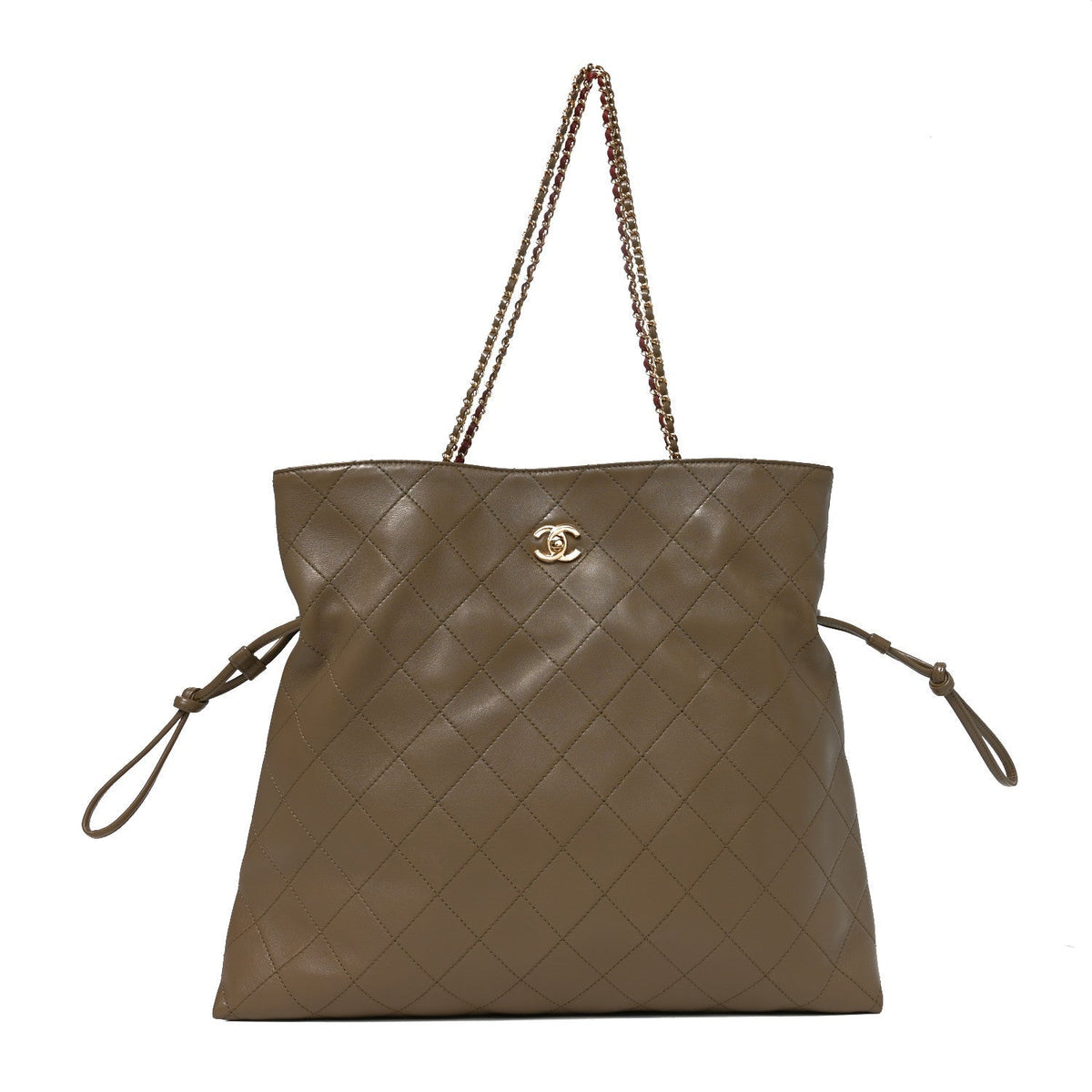 Chanel Lambskin Quilted Drawstring Shopping Bag Dark Khaki