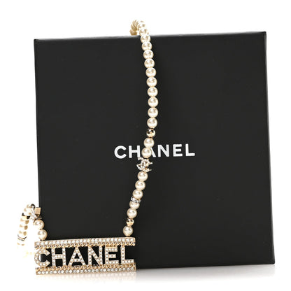 Chanel Crystal Pearl Star Logo Necklace Gold