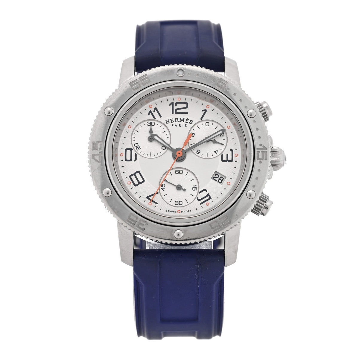 Hermes Stainless Steel Rubber 36mm Clipper Watch Blue