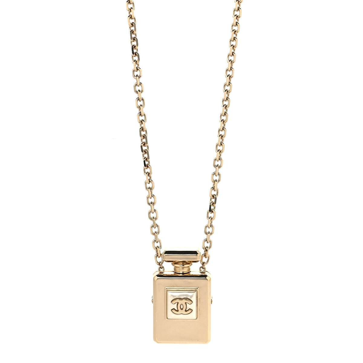 Chanel Metal Pearl Perfume Bottle CC Locket Necklace Gold