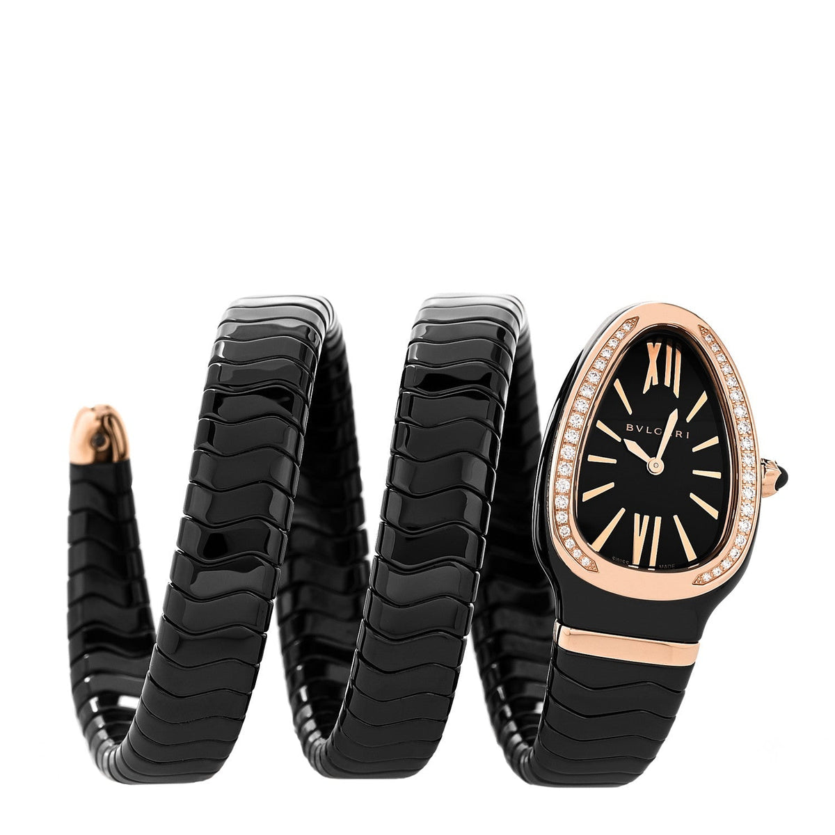 Bulgari 18K Rose Gold Ceramic Diamond 35mm Serpenti Watch Black