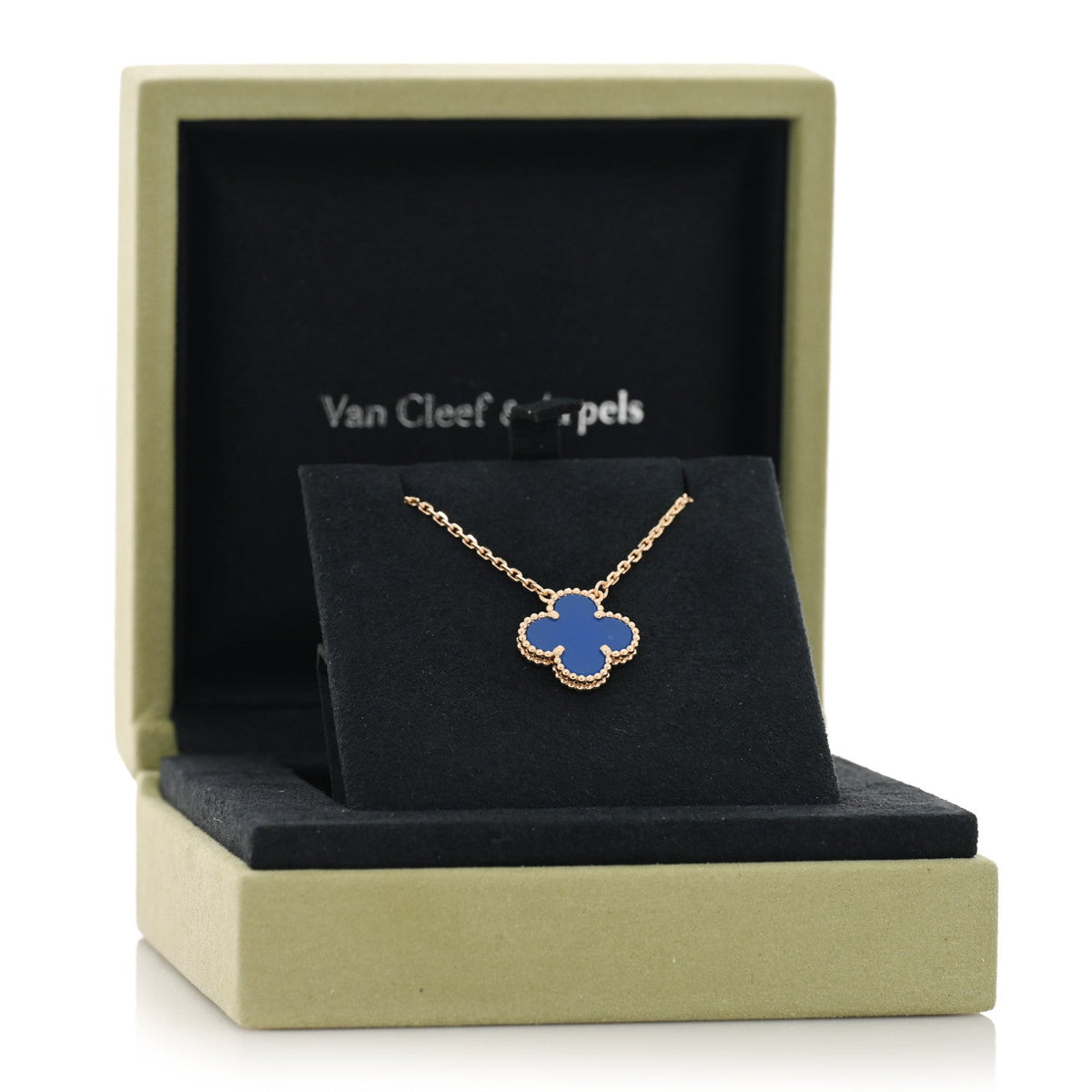 18K Yellow Gold Blue Agate Vintage Alhambra Pendant Necklace