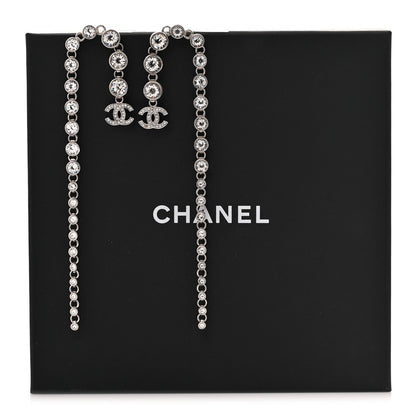 Chanel Crystal CC Long Drop Earrings Silver