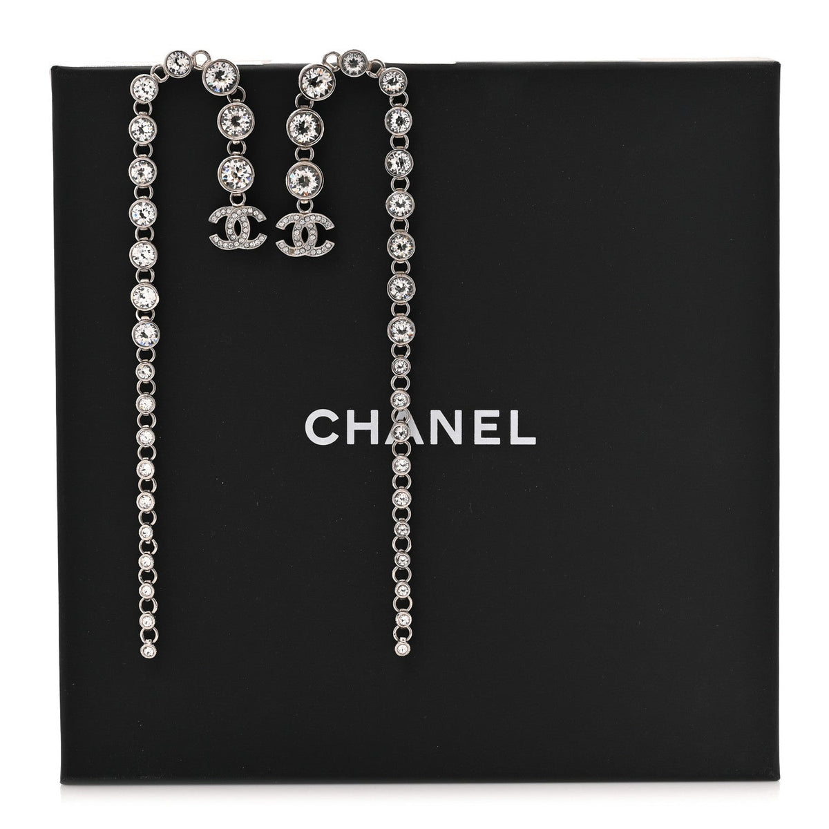 Crystal CC Long Drop Earrings Silver