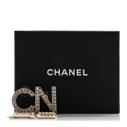Chanel Crystal Cha-Nel Logo Drop Earrings Gold