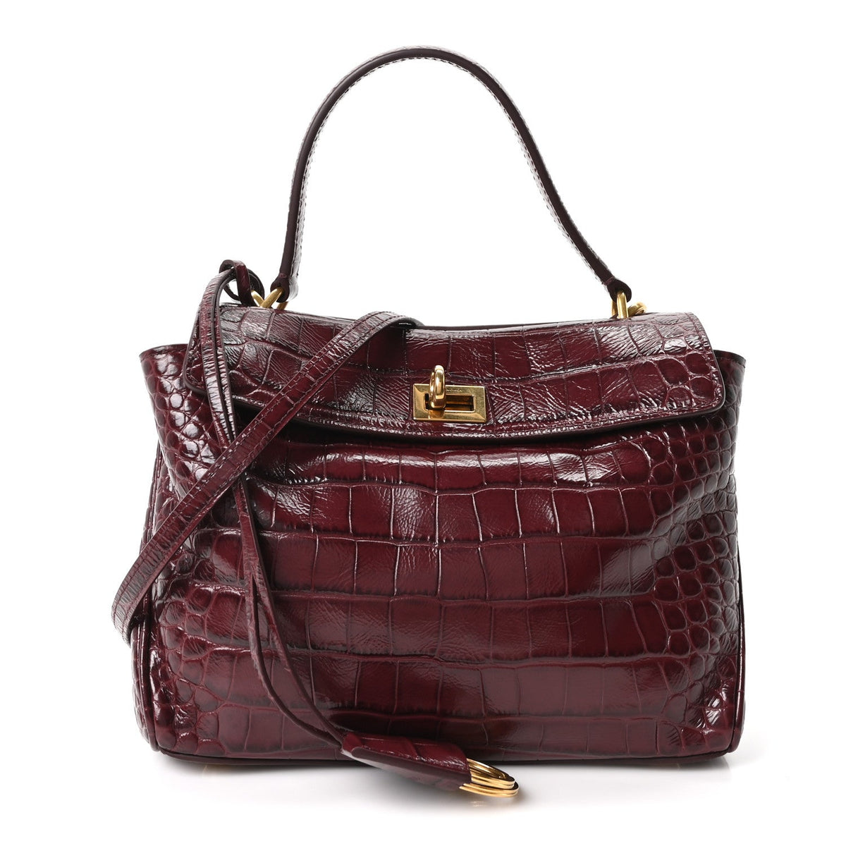 Balenciaga Shiny Calfskin Crocodile Embossed Mini Rodeo Top Handle Bag Dark Burgundy