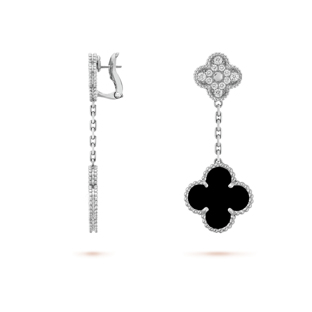 18K White Gold Diamond VCA Magic Alhambra Earrings 2 Motifs