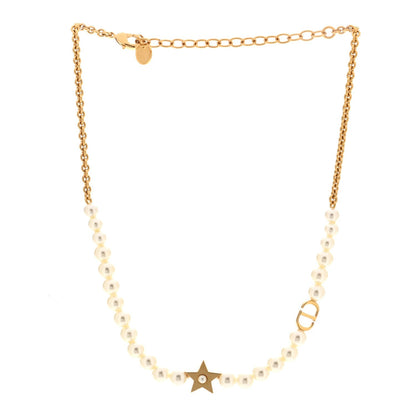 Christian Dior Pearl Crystal CD Star Choker Necklace Gold
