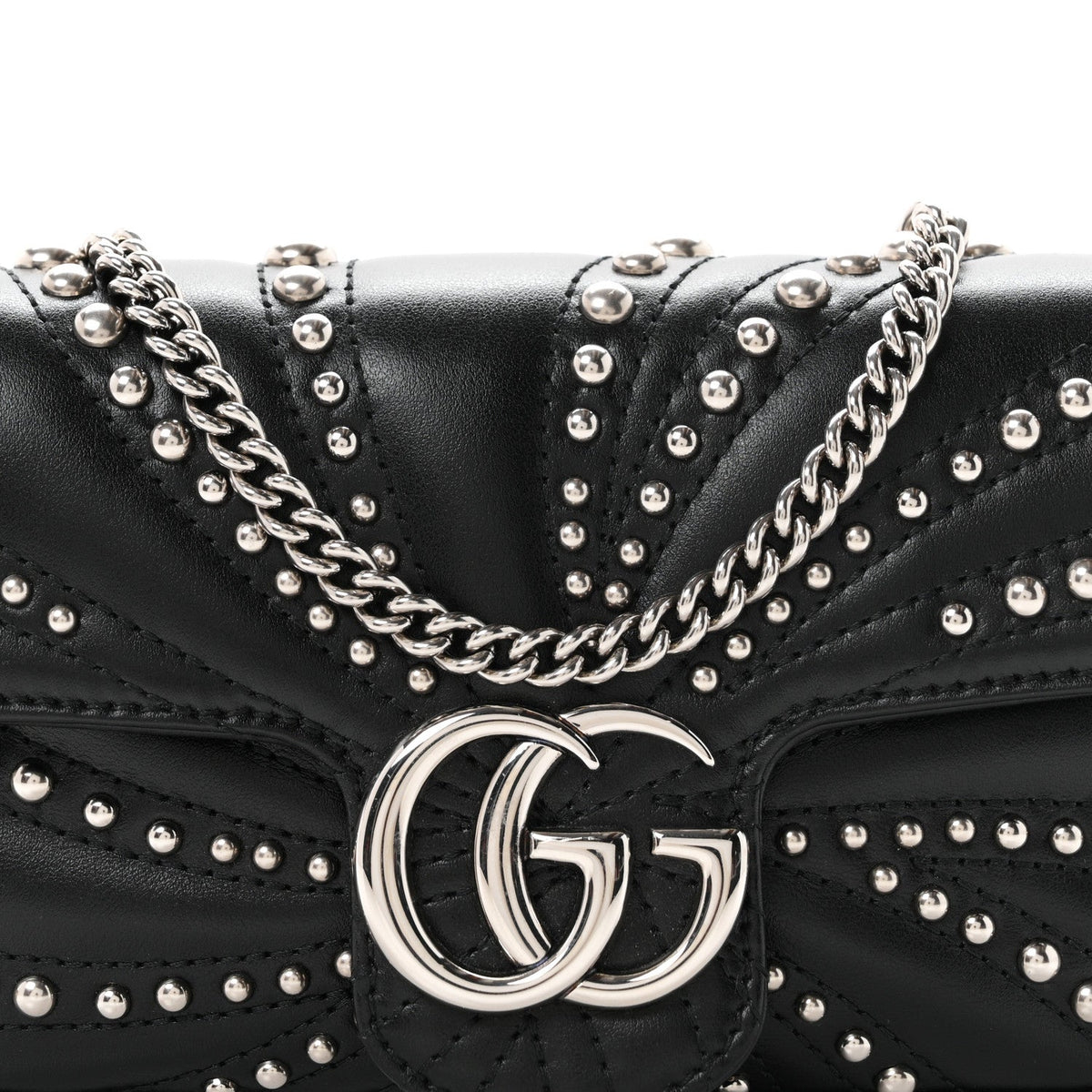 Gucci Calfskin Matelasse Studded Super Mini GG Marmont Shoulder Bag Black