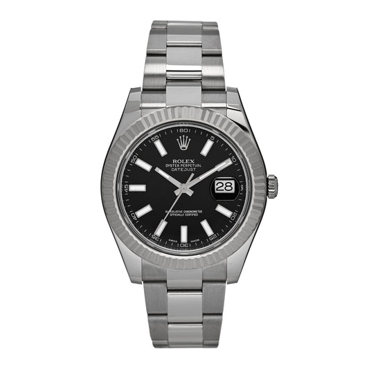Rolex Stainless Steel 18K White Gold 41mm Oyster Perpetual Datejust Watch Black 116334
