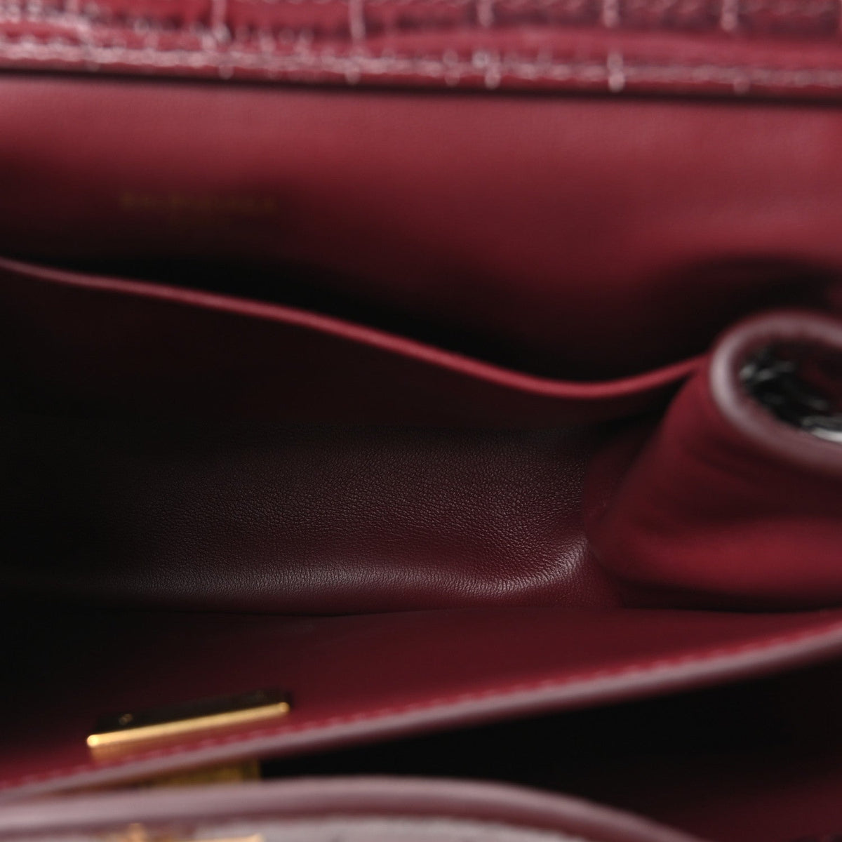 Balenciaga Shiny Calfskin Crocodile Embossed Mini Rodeo Top Handle Bag Dark Burgundy