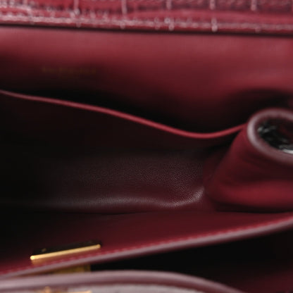 Balenciaga Shiny Calfskin Crocodile Embossed Mini Rodeo Top Handle Bag Dark Burgundy