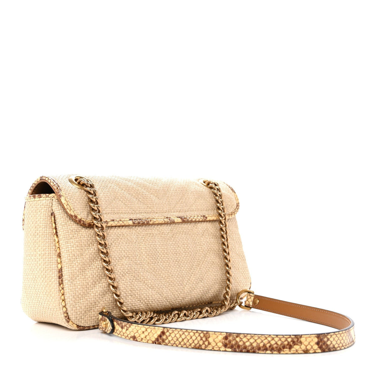 Gucci Raffia Elaphe Matelasse Small GG Marmont Shoulder Bag Natural Cream Brown