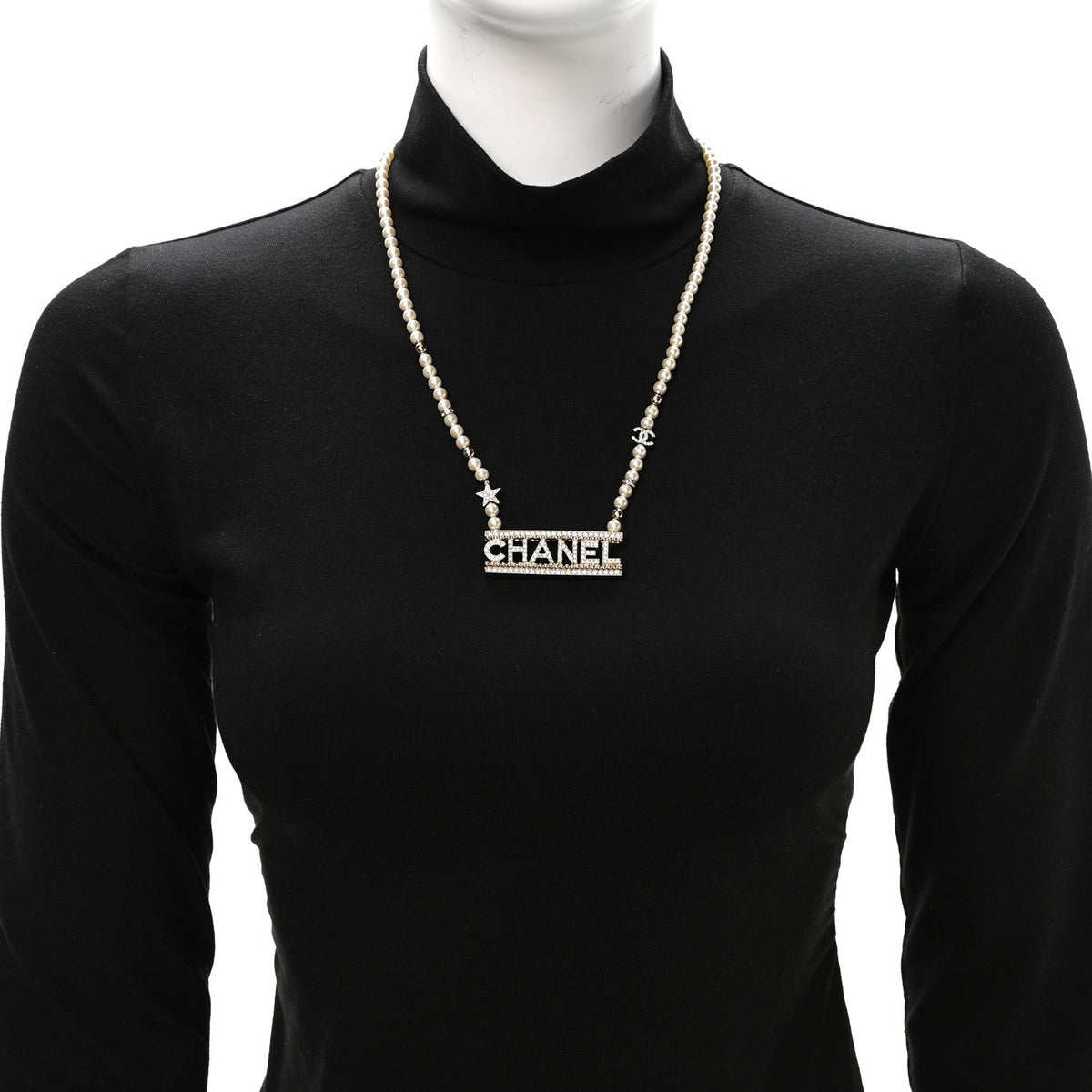 Chanel Crystal Pearl Star Logo Necklace Gold