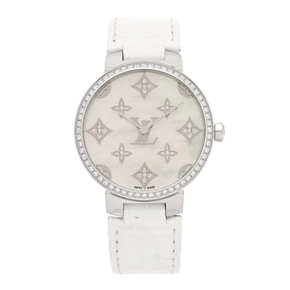 Louis Vuitton Stainless Steel Alligator Diamond 33mm Tambour Slim Watch White
