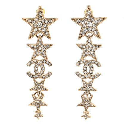 Chanel Crystal CC Star Long Drop Earrings Gold