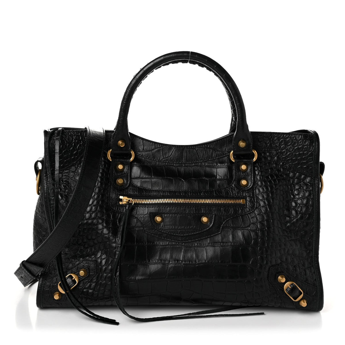 Balenciaga Calfskin Crocodile Embossed Gold Hardware Le City Black