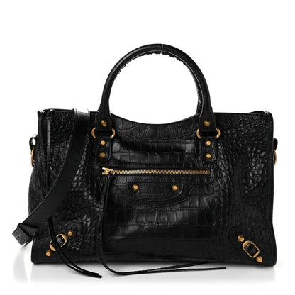 Balenciaga Calfskin Crocodile Embossed Gold Hardware Le City Black