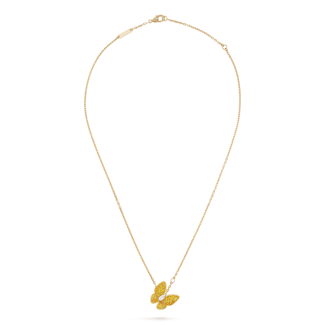 18K Gold Diamond Sapphire VCA Two Butterfly Pendant