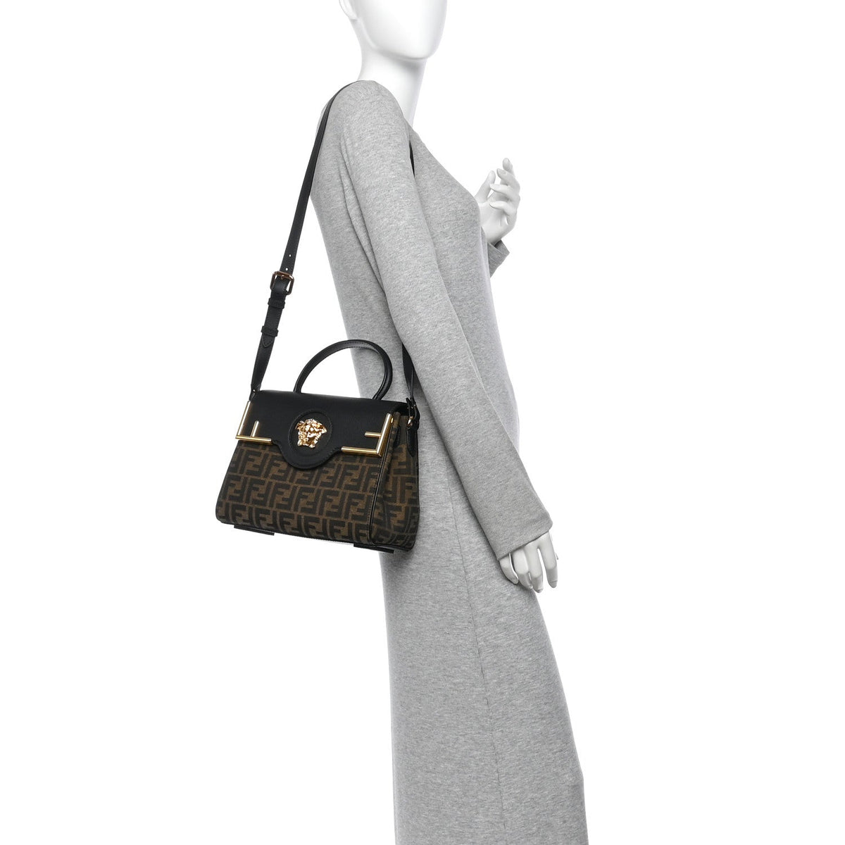 Versace Grained Calfskin Fendace Medium La Medusa Bag Black Brown
