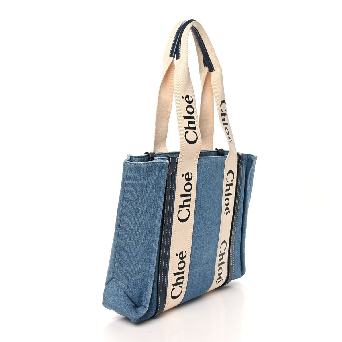 Chloe Denim Shiny Calfskin Medium Woody Ribbon Tote Navy