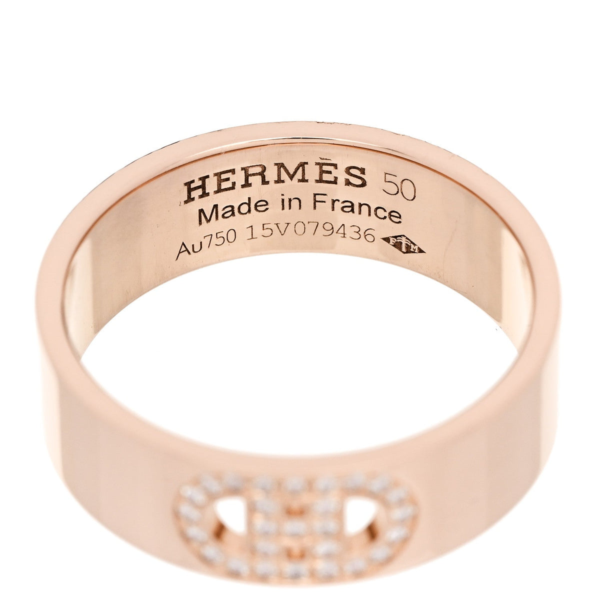Hermes 18K Rose Gold Diamond PM H D'Ancre Ring 50 5.25