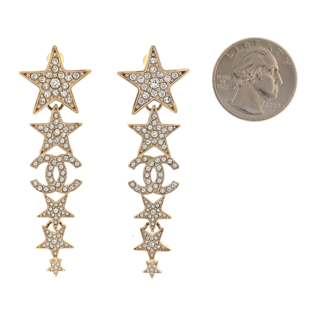 Chanel Crystal CC Star Long Drop Earrings Gold