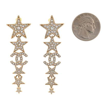 Chanel Crystal CC Star Long Drop Earrings Gold