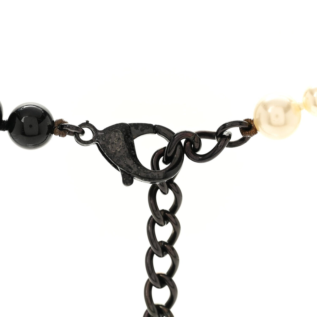 Chanel Ruthenium Pearl Beaded Enamel CC Long Necklace White Black