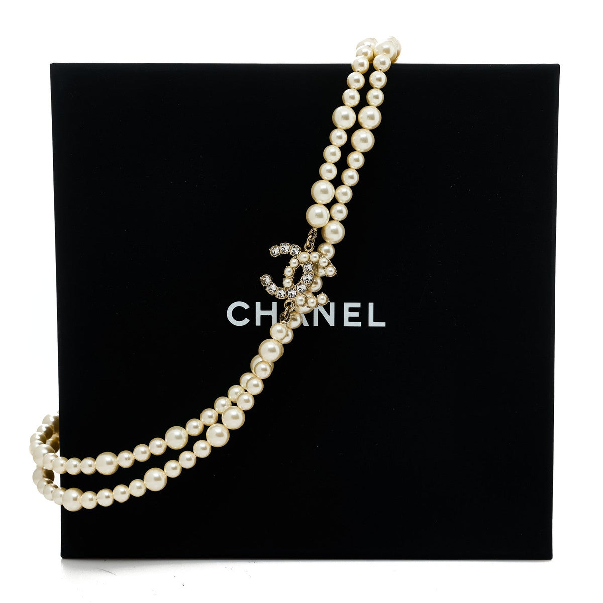 Chanel Pearl Baguette Crystal CC Long Necklace Gold