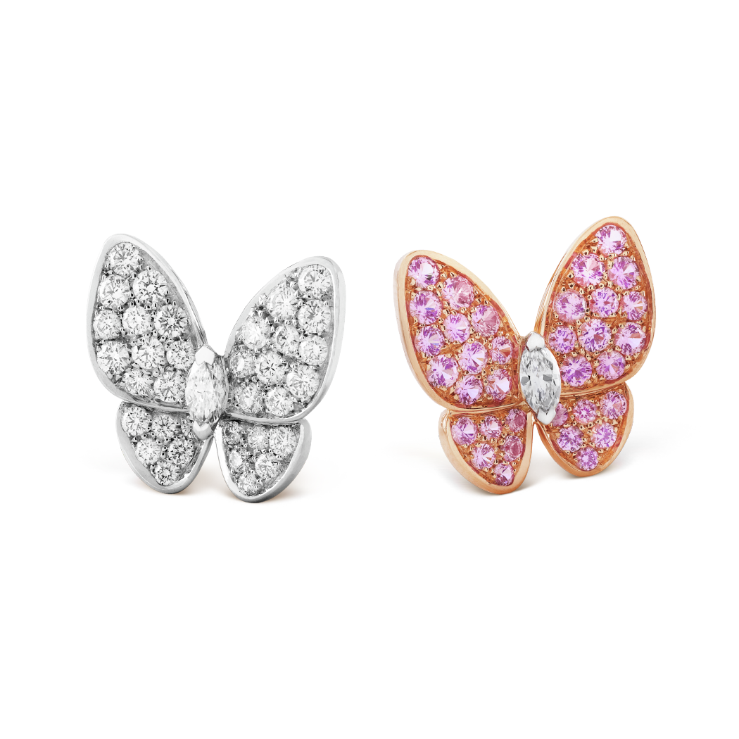 18K Rose Gold Diamond Sapphire VCA Two Butterfly Earrings