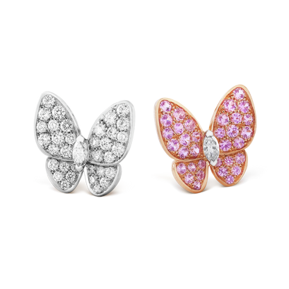 18K Rose Gold Diamond Sapphire VCA Two Butterfly Earrings