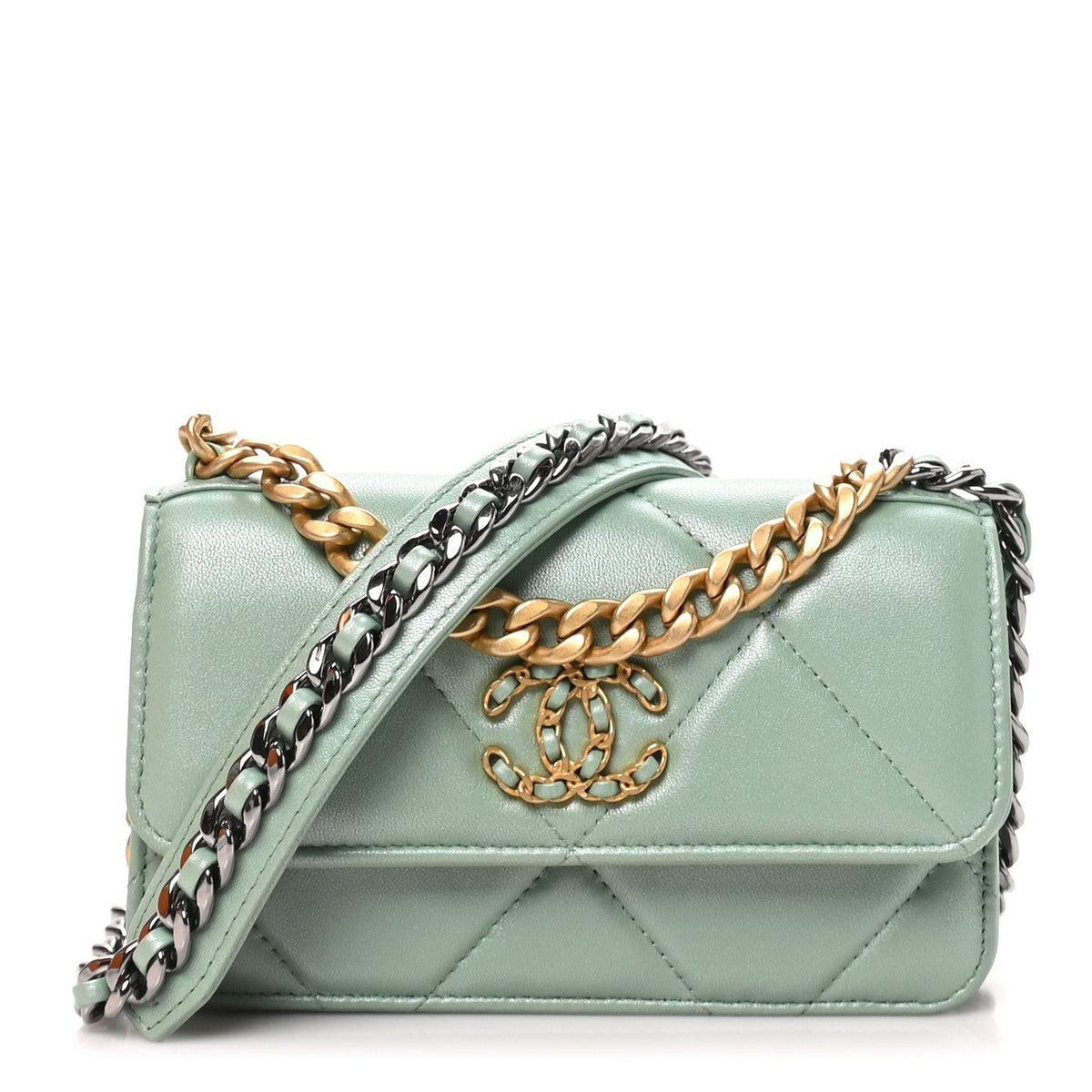 Chanel Lambskin Quilted 19 Flap Phone Holder With Chain Green 1986333