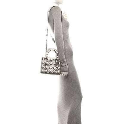 Christian Dior Metallic Calfskin Cannage Small My Lady Dior Bag Silver