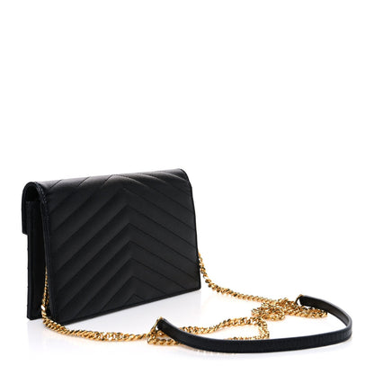 Saint Laurent Grain De Poudre Matelasse Chevron Monogram Envelope Chain Wallet Black
