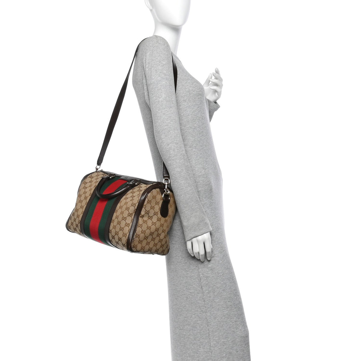 Gucci Monogram Vintage Web Medium Boston Dark Brown